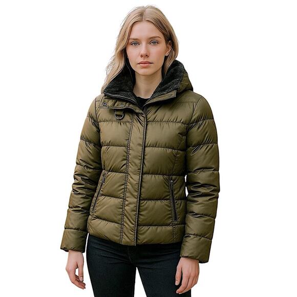 Eddie Bauer 700 Power Fill Goose Down Jacket Olive Green Real Fur Collar XS - Picture 7 of 7